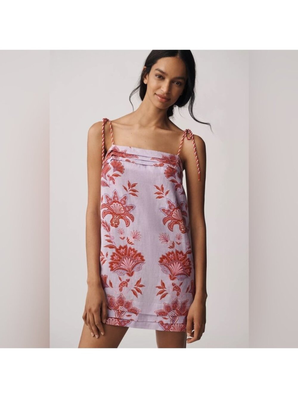 NWT Size L -Farm Rio Porcelain Garden Lilac Linen Mini Shift Dress (NWT US$ 230)